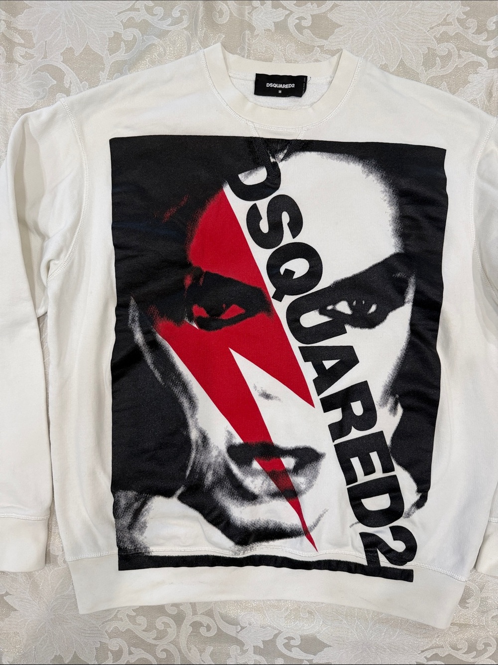 DSQUARED2 White Crewneck Sweatshirt with Black Portrait and Red Lightning